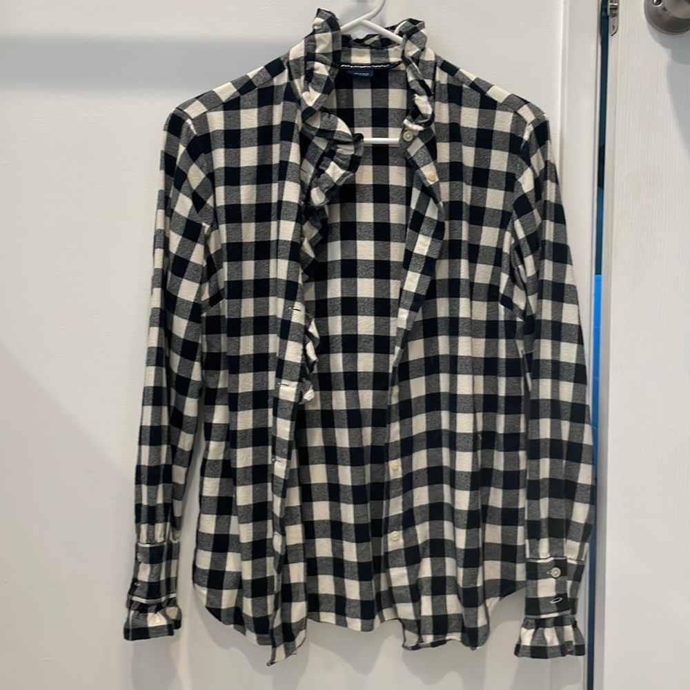 Black & White Checkered Ruffle Collar Women's Top